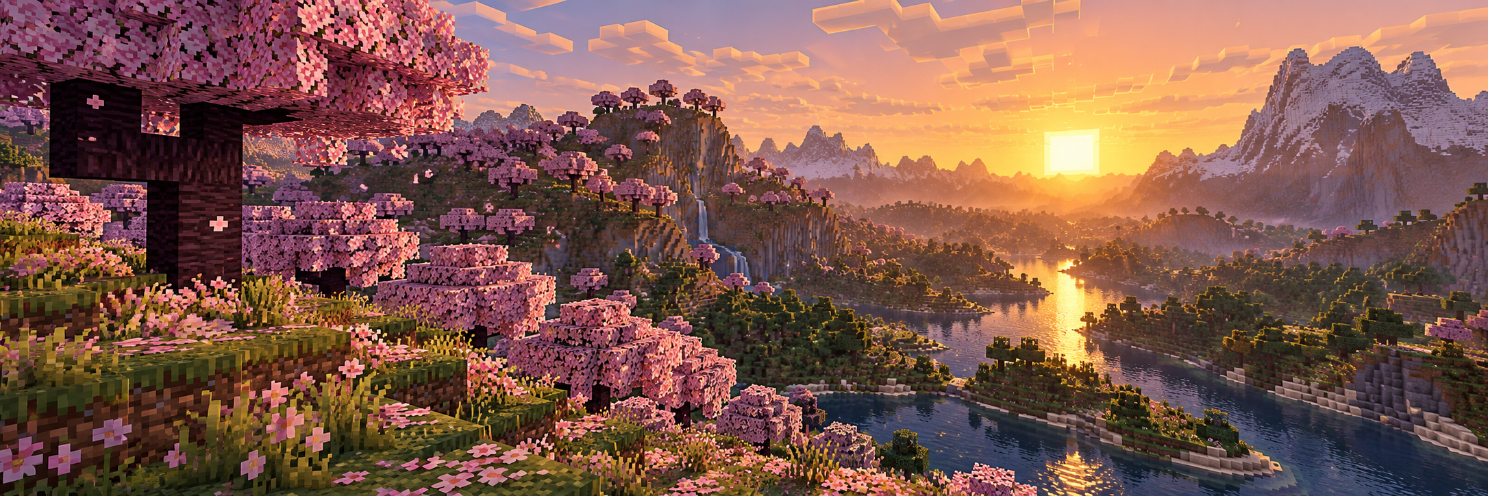 Minecraft-Motiv mit Kirschblüten und Flusstal